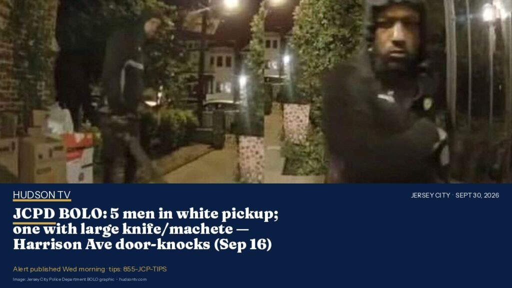 JCPD BOLO: 5 men in white pickup; one with large knife/machete — Harrison Ave door-knocks (Sep 16)