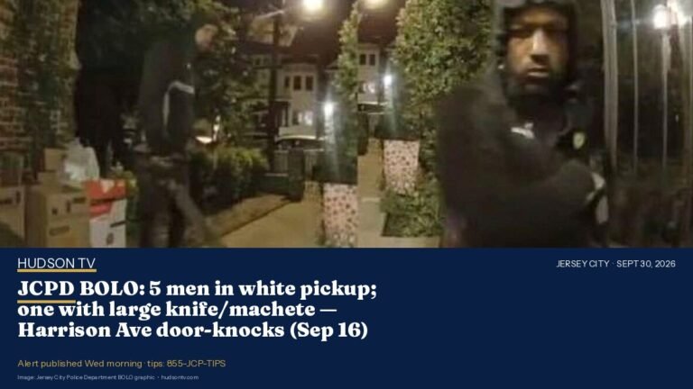 Jersey City Police Department BOLO graphic — Harrison Avenue door-knock / large knife or machete (alert Sep 30, 2026)