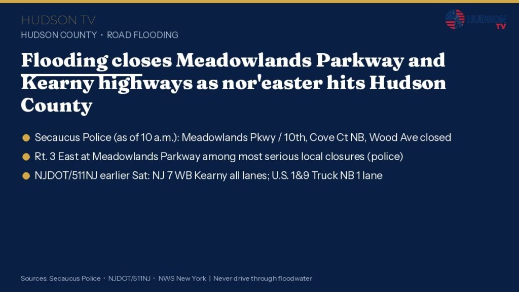 Flooding closes Meadowlands Parkway and Kearny highways as nor'easter hits Hudson County