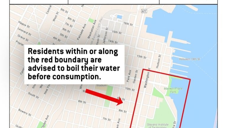 Veolia map of Hoboken limited boil water advisory area, Sept. 25, 2026 — eastern Hoboken between 2nd and 12th Streets from Bloomfield Street to Sinatra Drive