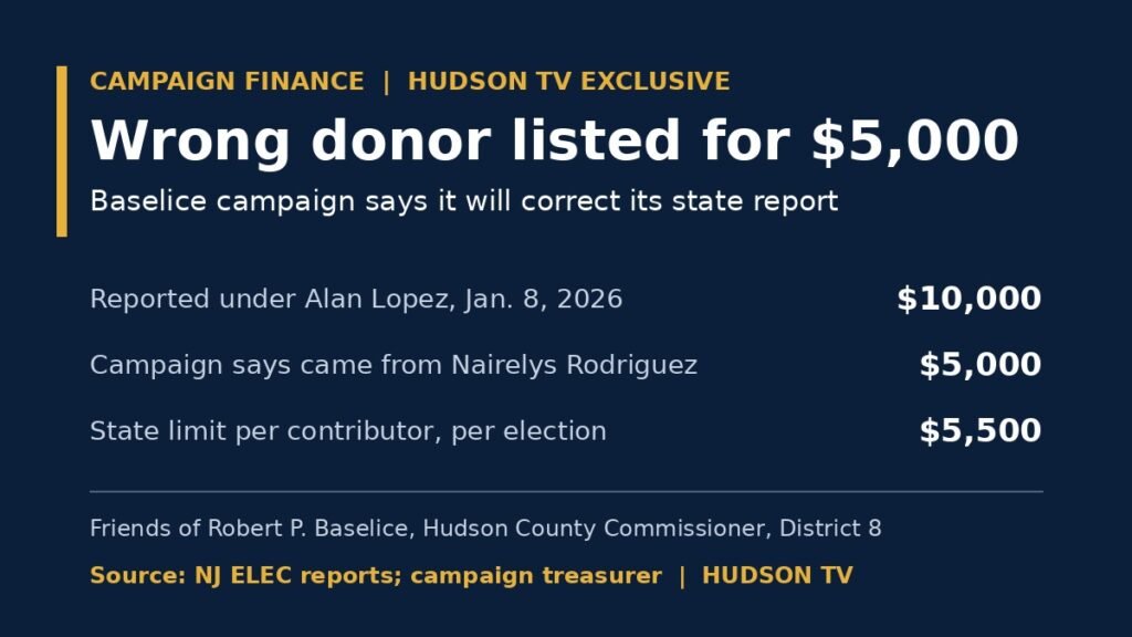 Baselice campaign says its state report named the wrong donor for $5,000 and will correct it, after Hudson TV's questions