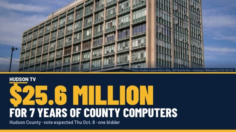 Hudson TV graphic: $25.6 million for 7 years of Hudson County computer service over photo of county admin building