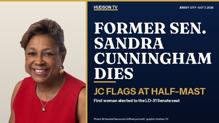 Official portrait of former state Sen. Sandra Bolden Cunningham with text: Former Sen. Sandra Cunningham dies, JC flags at half-mast