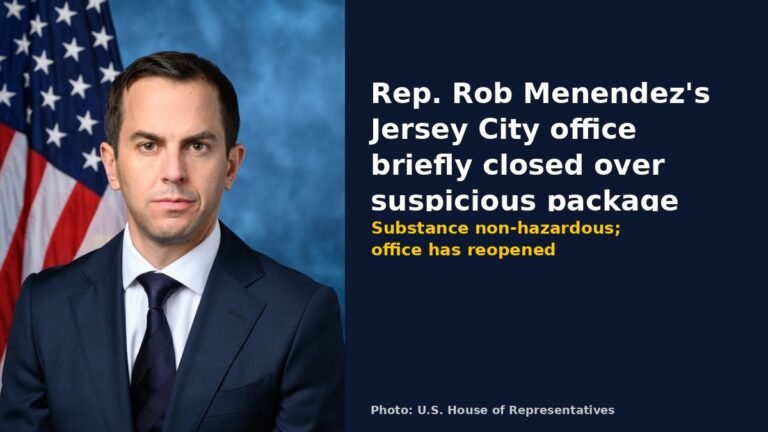 Official House portrait of Rep. Rob Menendez with headline text about his Jersey City office suspicious package