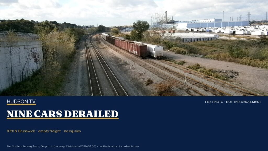 Nine empty Conrail freight cars derail near 10th Street in downtown Jersey City