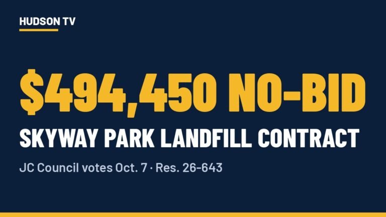 Hudson TV headline card: $494,450 no-bid Skyway Park landfill contract, Jersey City Council votes Oct. 7, Res. 26-643