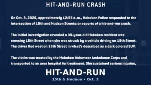 Hoboken PD seeks tips after hit-and-run leaves woman seriously hurt at 15th and Hudson