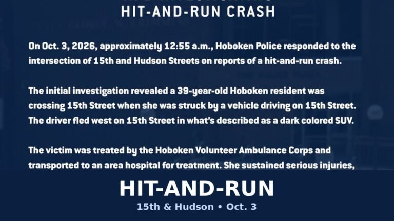 Hoboken Police graphic: HPD investigating hit-and-run crash at 15th and Hudson