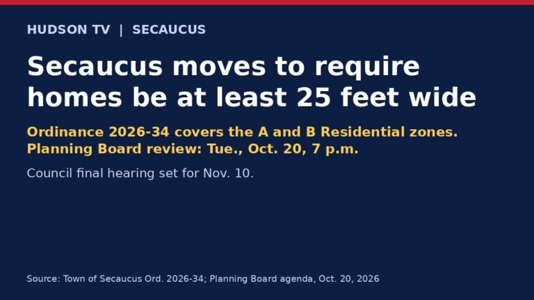 Hudson TV headline card: Secaucus moves to require homes be at least 25 feet wide