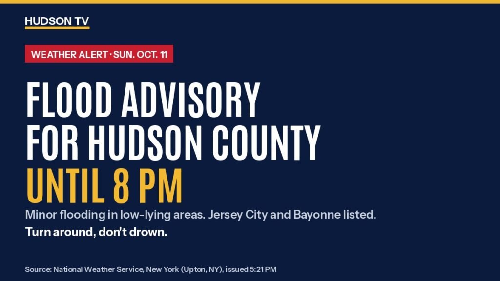 Flood advisory for Hudson County until 8 PM as heavy rain moves through Jersey City, Bayonne