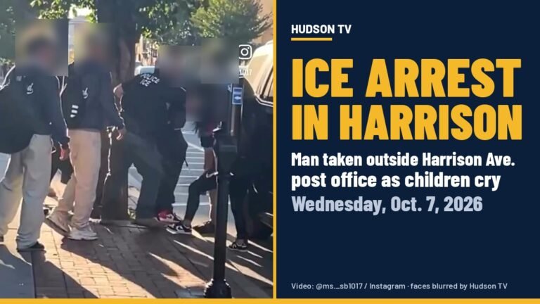 Masked agent in a POLICE ICE vest during an arrest on a Harrison sidewalk, faces blurred, with text ICE ARREST IN HARRISON