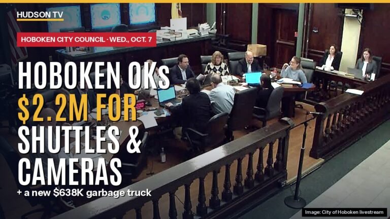 Hoboken City Council dais during the Oct. 7, 2026 meeting, with text: Hoboken OKs $2.2M for shuttles and cameras, plus a new $638K garbage truck