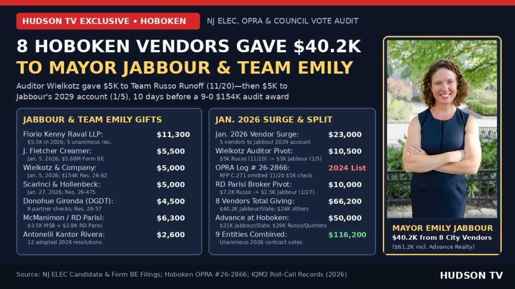 Eight Hoboken vendors gave $40,200 to Mayor Emily Jabbour and Team Emily before unanimous 2026 contract awards