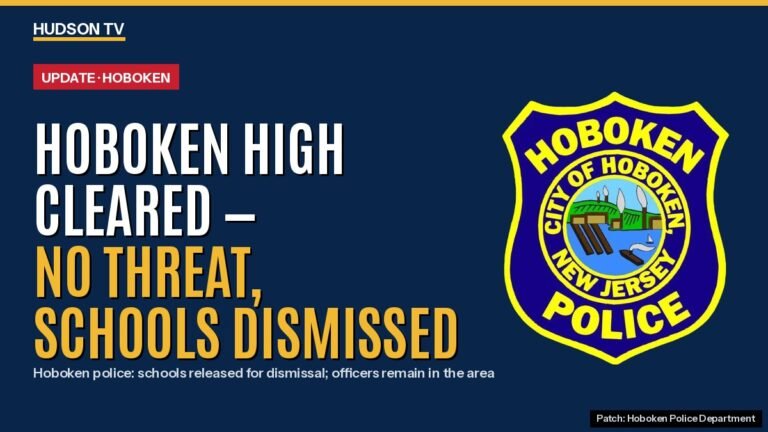 Hoboken Police Department patch on navy with text: Hoboken High cleared — no threat, schools dismissed