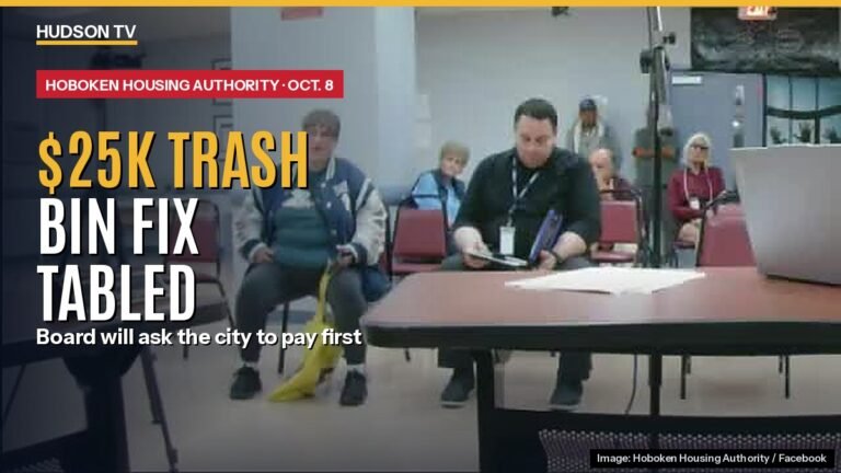 Residents and staff at the Hoboken Housing Authority Oct. 8, 2026 board meeting at Fox Hill Gardens, with text: 25K trash bin fix tabled, board will ask the city to pay first