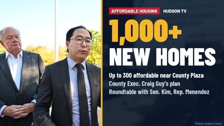 Sen. Andy Kim speaks at the Hudson County affordable housing roundtable, with text: 1,000+ new homes, up to 300 affordable near County Plaza