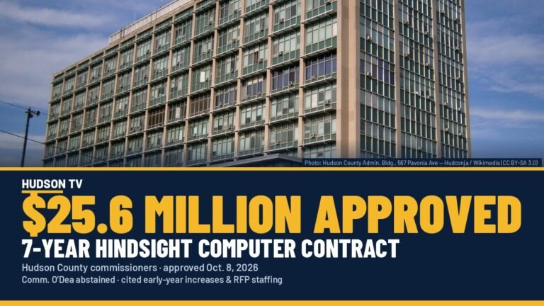 Hudson County Administration Building with text: $25.6 million approved — 7-year Hindsight computer contract