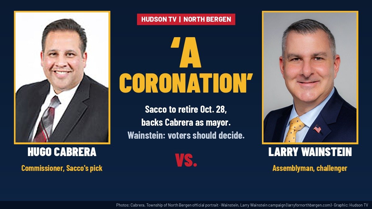 Side-by-side photos of Commissioner Hugo Cabrera and Assemblyman Larry Wainstein with the text 'A coronation'