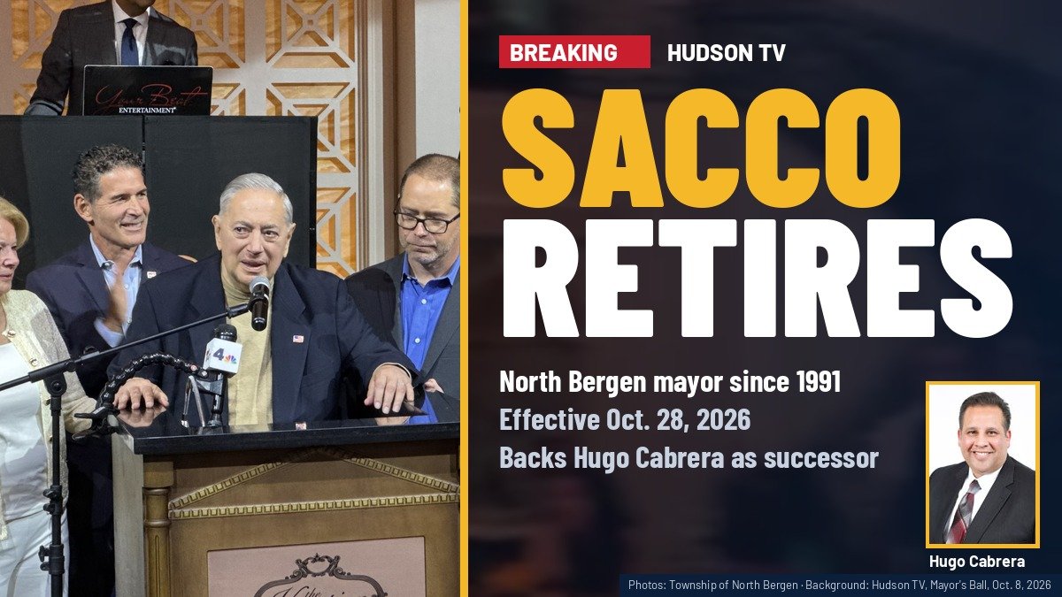 Mayor Nicholas Sacco at the podium at the North Bergen Mayor's Ball with text: Sacco retires, effective Oct. 28, 2026