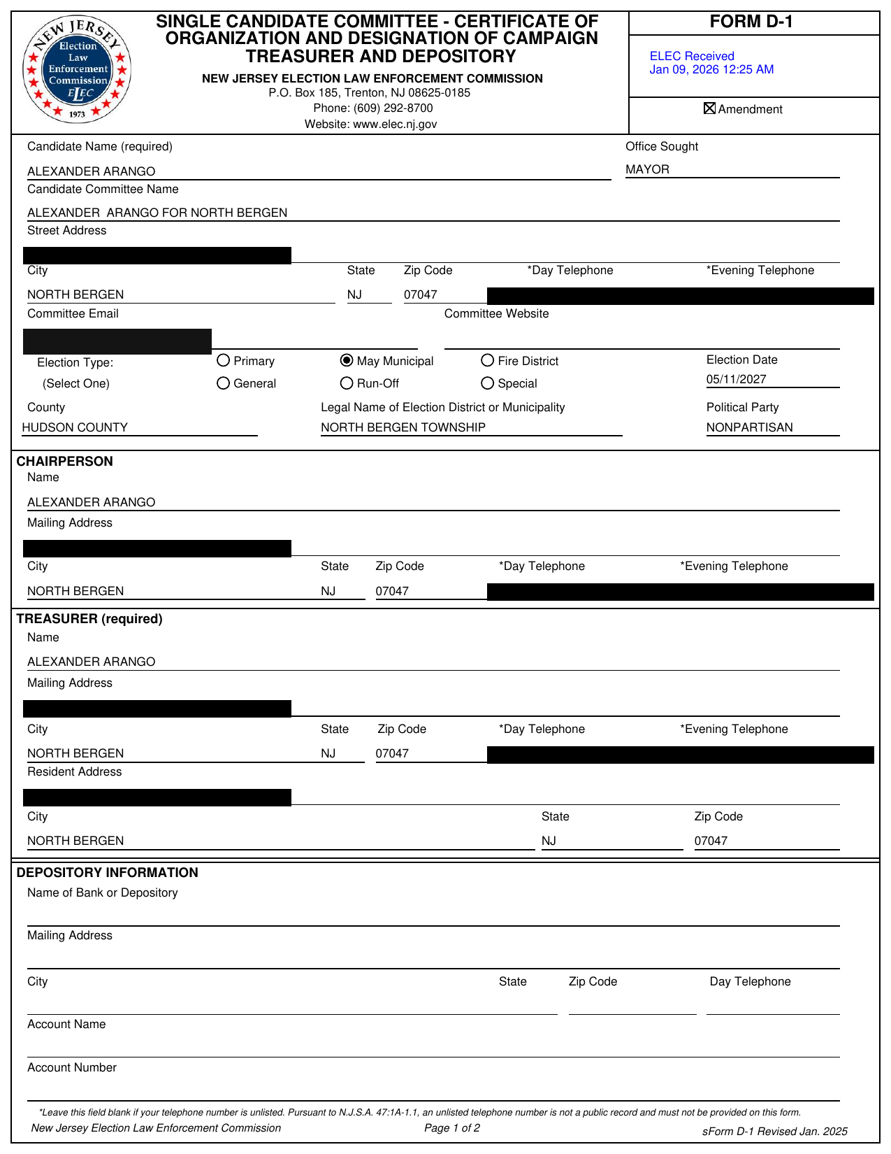  of the amended N.J. ELEC Form D-1 for Alexander Arango for North Bergen (May 11, 2027 election), with home address, phone, and personal email redacted