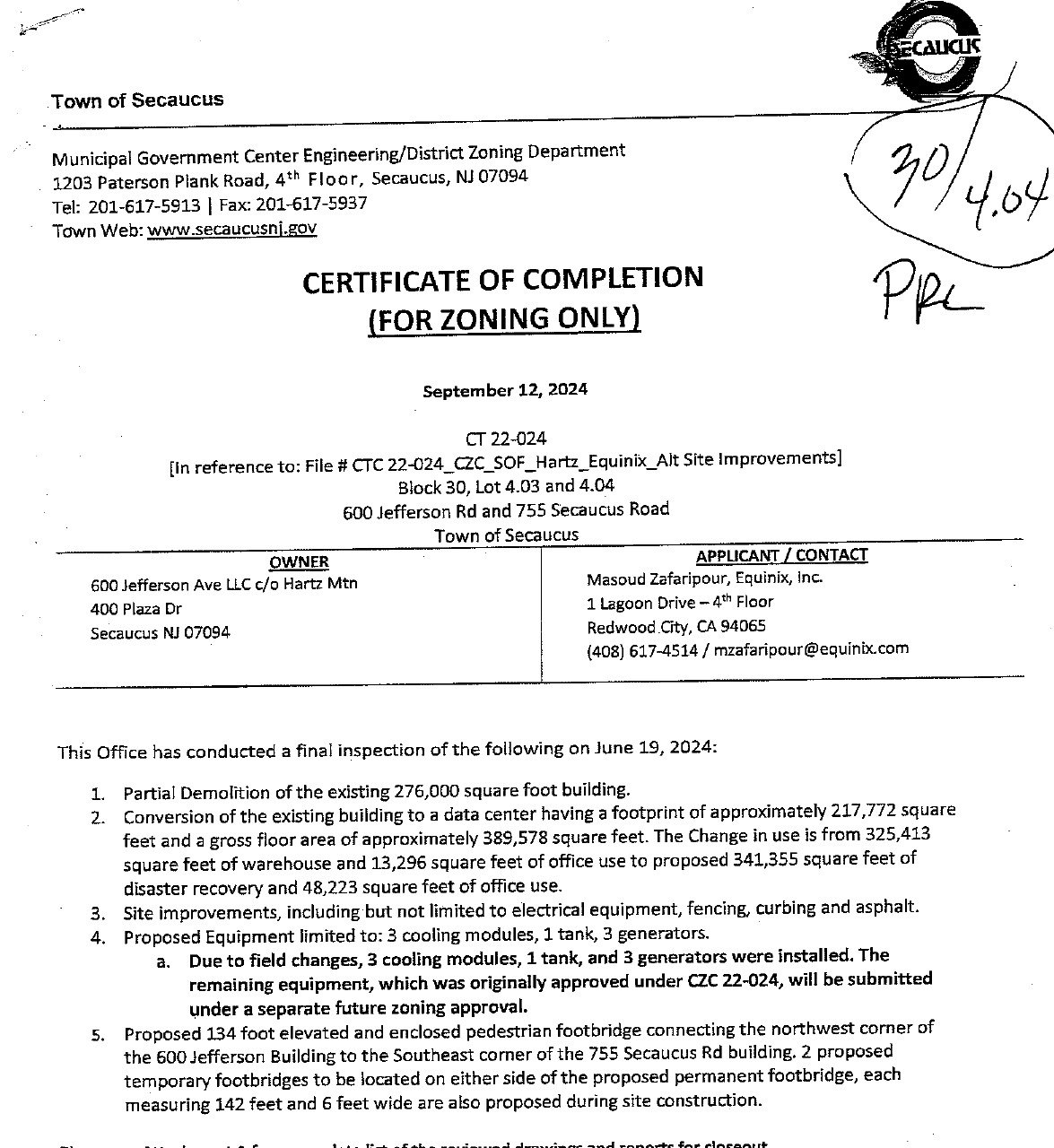 Town of Secaucus Certificate of Completion CT 22-024 (OPRA-Req-26-1285, ), dated Sept. 12, 2024 after a June 19, 2024 final inspection of the 389,578-square-foot Hartz/Equinix data center conversion at 600 Jefferson Rd and 755 Secaucus Rd (Block 30, Lots 4.03 and 4.04).