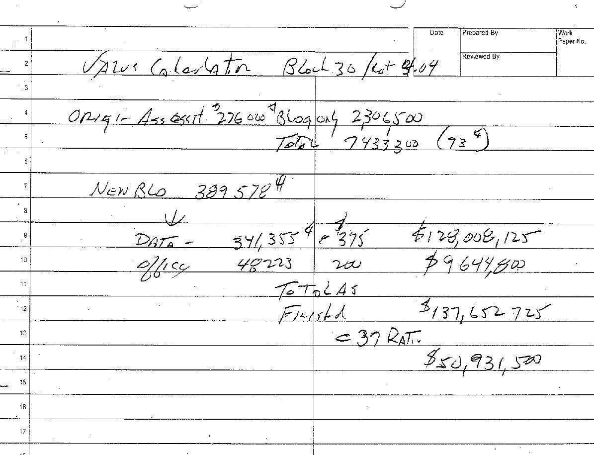 Secaucus Tax Assessor handwritten worksheet (OPRA-Req-26-1285, ) calculating the 'As Finished' value of the 389,578-square-foot Hartz/Equinix data center at Block 30, Lot 4.04 (600/650 Jefferson Ave) at $137,652,725 (341,355 sq ft data @ $375/sf = $128,008,125 plus 48,223 sq ft office @ $200/sf = $9,644,600), or $50,931,500 at the .37 equalization ratio.