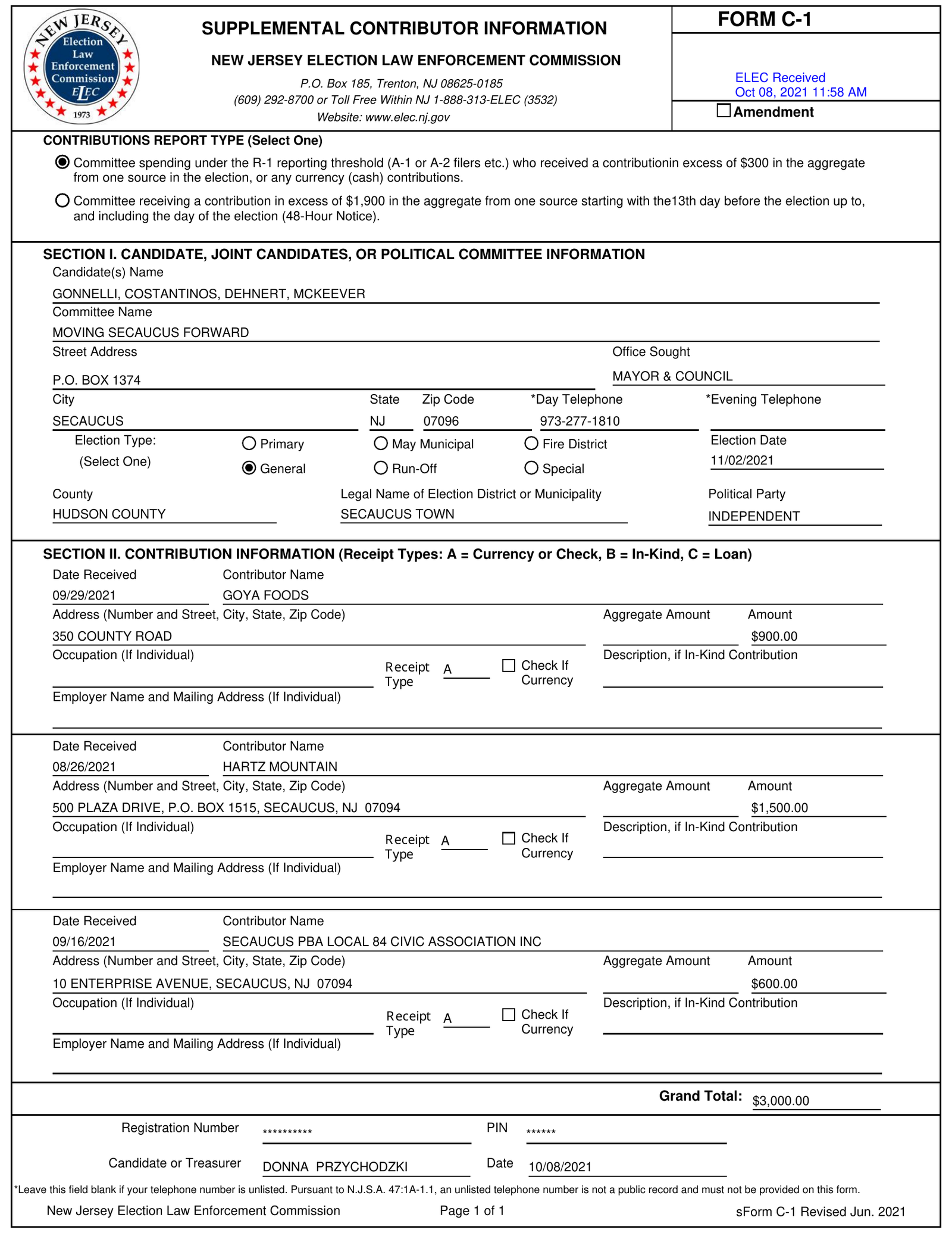 NJ ELEC Form C-1 (DocId 3668787) filed Oct. 8, 2021 by Moving Secaucus Forward Treasurer Donna Przychodzki disclosing $3,000 in contributions over the threshold, including $1,500 from Hartz Mountain