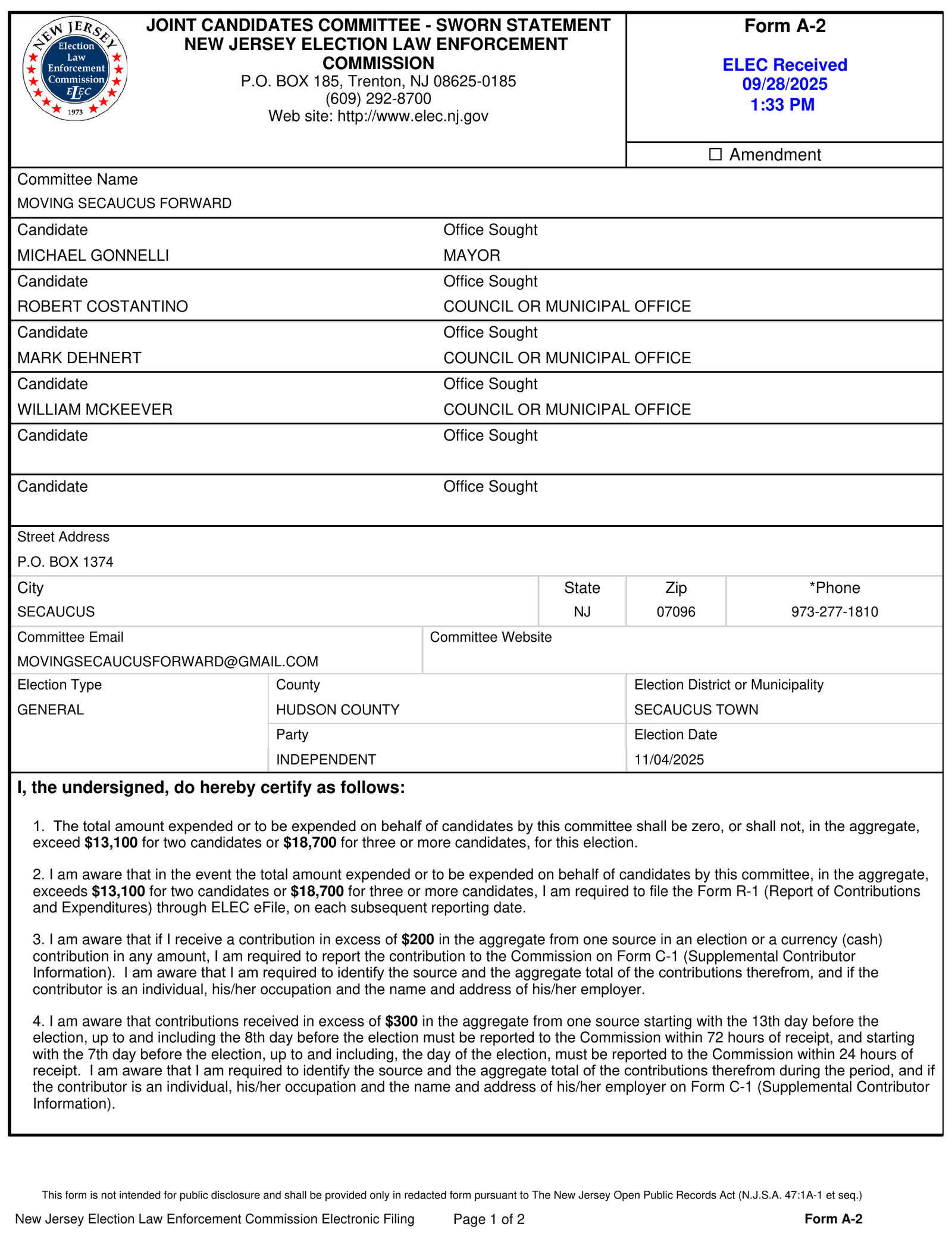 NJ ELEC Form A-2 (DocId 3890501) filed Sept. 28, 2025 by Moving Secaucus Forward (Michael Gonnelli, Robert Costantino, Mark Dehnert, and William McKeever), certifying expenditures under $18,700 and requiring Form C-1 for any contribution over $200