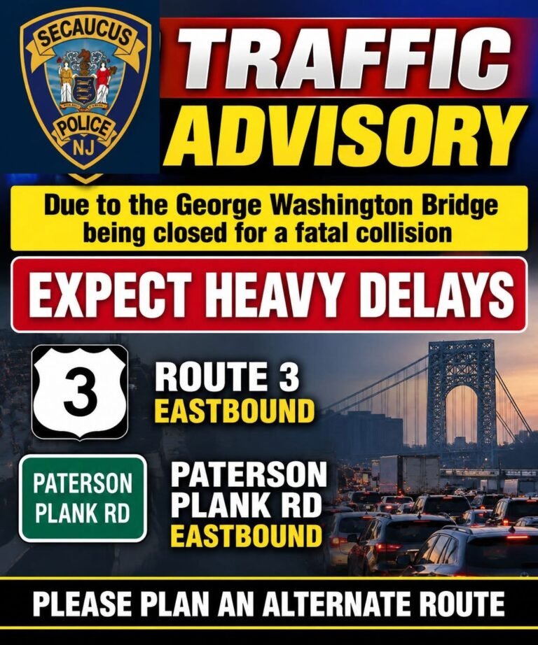 GWB upper level closed after fatal crash; Secaucus, N.J. police warn of heavy delays on Route 3, Paterson Plank Road eastbound