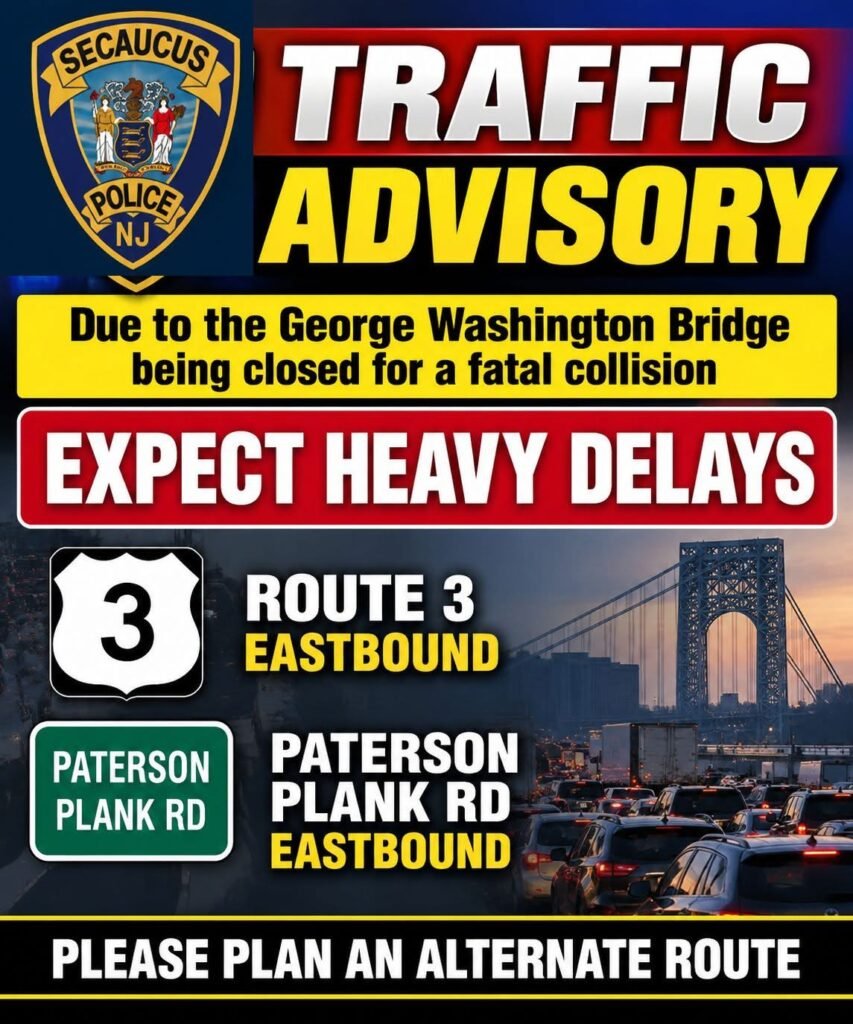 GWB upper level closed after fatal crash; Secaucus, N.J. police warn of heavy delays on Route 3, Paterson Plank Road eastbound