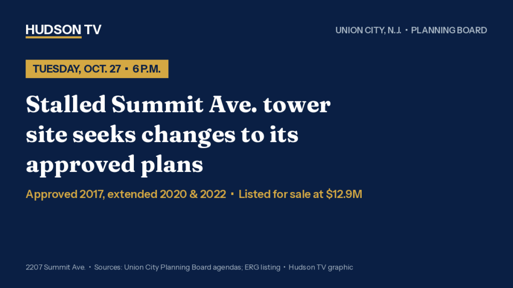 Owner of long-stalled Summit Avenue tower site in Union City, N.J. seeks changes to its approved plans as the land is shopped for $12.9 million