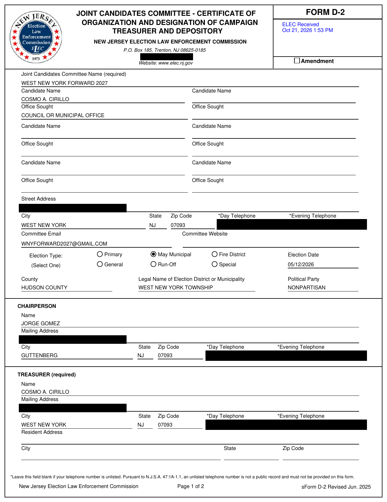  of the ELEC Form D-2 for West New York Forward 2027, with home addresses redacted